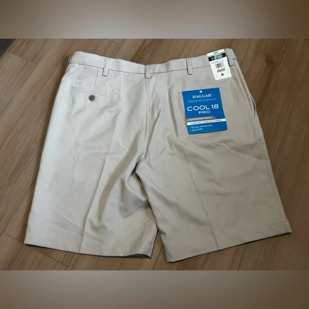 NWT Haggar Cool 18 Pro Flat Front Shorts Men’s 38 Khaki Stretch - Picture 6 of 6